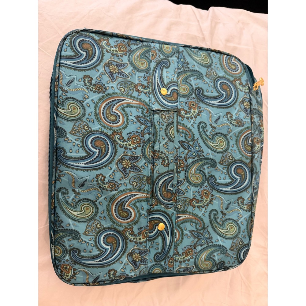 Joy Mangano Teal Blue Paisley Multi-Compartment Travel Organizer Case Gold Hardw